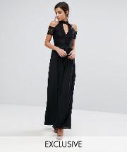 high neck maxi dress with lace top and cold shoulder detail