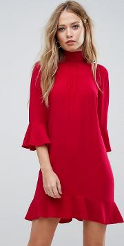 high neck dress with frill sleeves