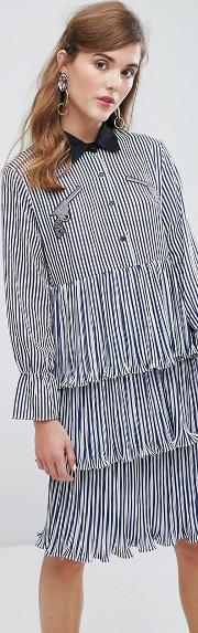 Midi Tiered Shirt Dress With Ruffles & Patches In Stripe