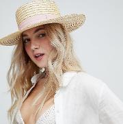 straw boater hat with blush ribbon