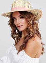 Straw Boater Hat With Peach Band
