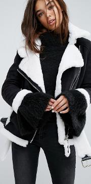 oversized aviator coat with faux shearling lining