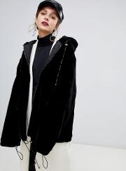 oversized zip front hooded jacket in faux fur