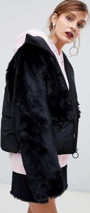Padded Jacket With Faux Fur Panel