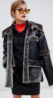 Pu Aviator Jacket With Contrast Faux Fur Trim