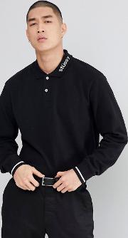 heavy pique long sleeve polo shirt with logo collar
