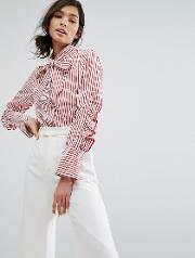 Stripe Ruffle Sleeve Pussy Bow Shirt