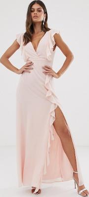 Cross Back Short Sleeve Maxi Dress With Frill Detail