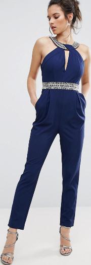 embellished jumpsuit with cut out neck and back