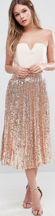 pleated midi skirt in all over sequin rose gold