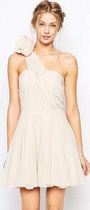 prom one shoulder dress with corsage detail nude