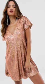 Sequin Shift Dress Rose Gold