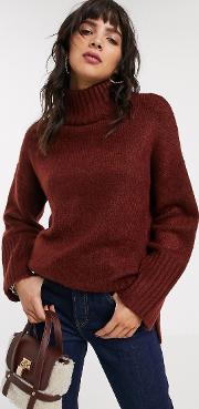 Longline Jumper With Roll Neck Red