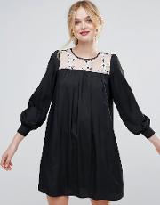smock dress with floral embroidered panel