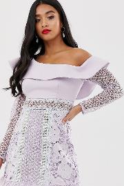Exaggerated One Shoulder Mini Dress With Contrast Lace Panels Tonal Lilac