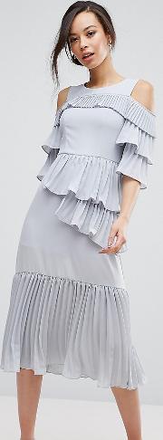 cold shoulder midi dress with pleated layer detail