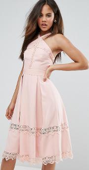 premium frill high neck prom skater dress with lace contrast inserts