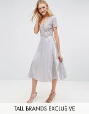 wrap front lace top midi prom dress