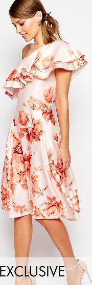 sateen prom dress with ruffle shoulder