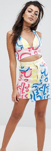 Multi Art Denim Skirt Co Ord