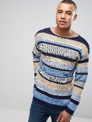 crew neck knit in loose stripe woven detail