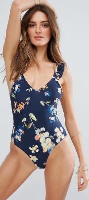 Ruffle Sleeve Floral Swimsuit
