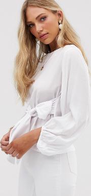 Volume Sleeve Blouse With Tie Front