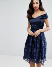 Off Shoulder Midi Dress With Lace Skirt