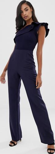 One Shoulder Wide Leg Jumpsuit With Frill Detail