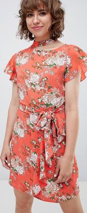 frill front floral print tea dress