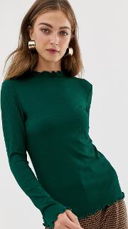 Ribbed High Neck Top With Lettuce Hem