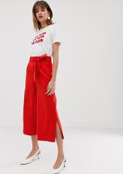 Wide Leg Cropped Trousers With Tie Belt