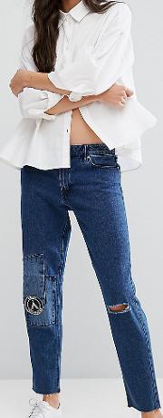 Distressed Aki Denim Boyfriend Jeans With Patchwork Detail
