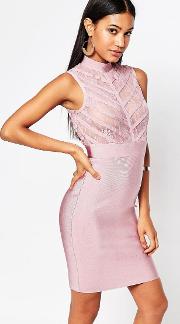 high neck bandage bodycon dress with sheer lace bodice
