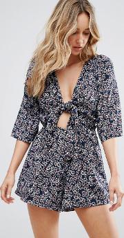 twin shadow daisy printed tie front playsuit