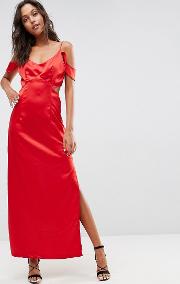 Windslow Corvette Satin Dress With Off The Shoulder Frill And Waist Cut Out