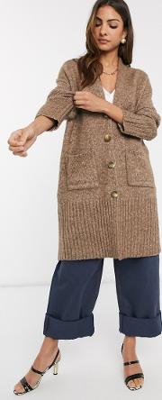 Knitted Long Line Cardigan Camel