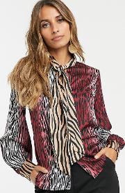 Mixed Animal Printed Blouse With Pussy Bow