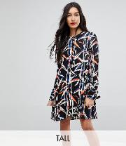 graphic printed shift dress with tie sleeves