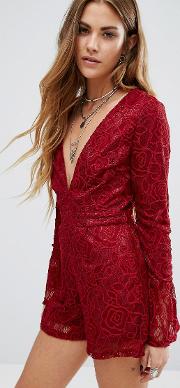plunge front playsuit with flared sleeves in lace