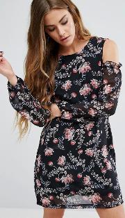 Shift Dress With Ruffle Cold Shoulders In Floral Print