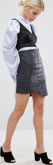 mini skirt with step hem  pinstripe