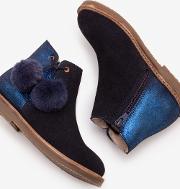 Pompom Suede Boots Navy Girls
