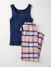 Long Pyjama Set Indigo/pink Check Girls Boden 