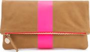 . Women's Foldover Clutch Bag Camel Nubuck With Pink Stripe
