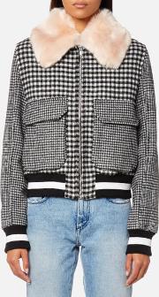 Women's Check Bomber Jacket With Fur Collar 