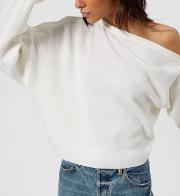 Women's Snap Detail Off The Shoulder Crop Sweater Ivory