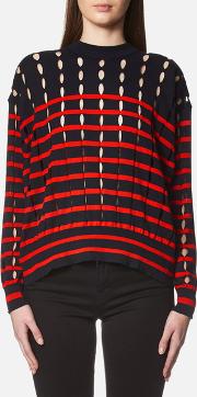 Women's Stripe Cotton Crew Neck Pullover With Slits Navylipstick M Multi