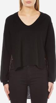 Women's Superfine Merino Knit Pullover With Woven Viscose Combo Black L Black
