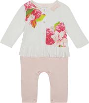 Baby Girls White And Pink Floral Print Mock Romper Suit